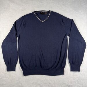 Joseph A Bank V-Neck Sweater Mens M Navy Blue Cashmere‎ Preppy Contrast Trim